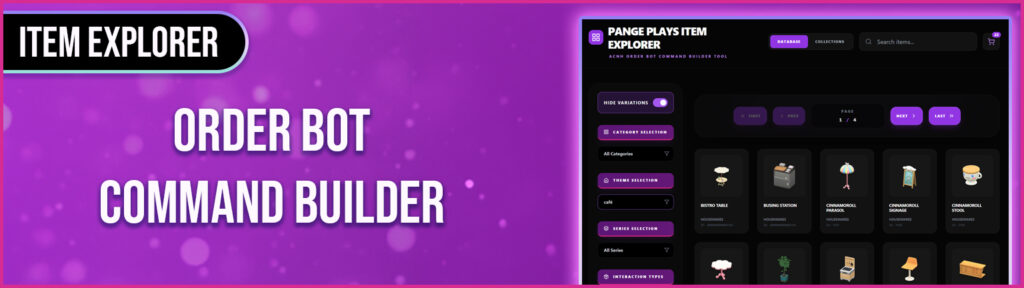 Pange Plays Item Explorer:  Explore the full item catalog and plan your perfect island setup.  Generate an order bot command to make ordering items on Pangazon easy.